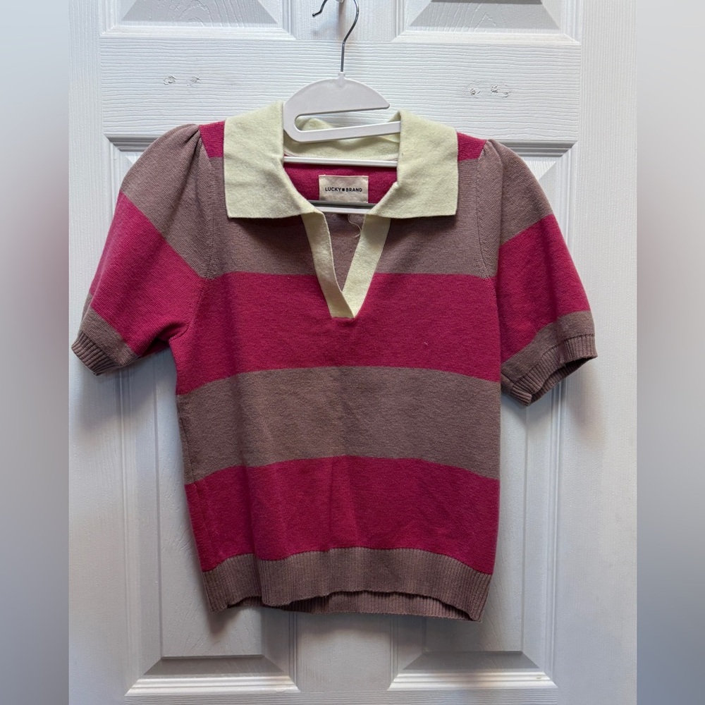 Lucky Brand Pink & Taupe Striped Polo Top with Cream Collar